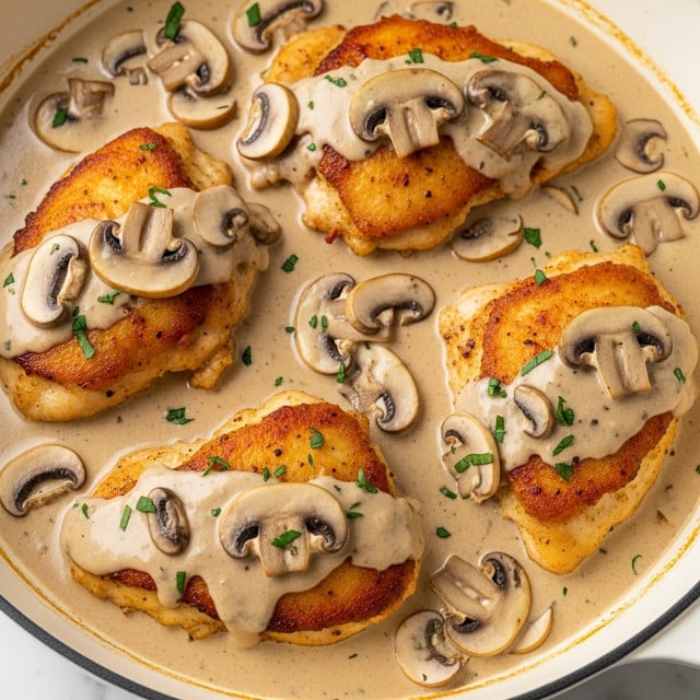 The image shows a close-up of several pieces of golden-brown chicken, cooked until crispy and placed in a large white pan. The chicken is covered in a thick, creamy beige sauce that contains sliced mushrooms scattered evenly across the dish. Small green herb pieces are sprinkled on top, adding color contrast. The sauce looks smooth and rich, enveloping the chicken and mushrooms in a warm, comforting texture. The background features a white marbled surface. photo taken with an iphone --ar 4:5 --v 7