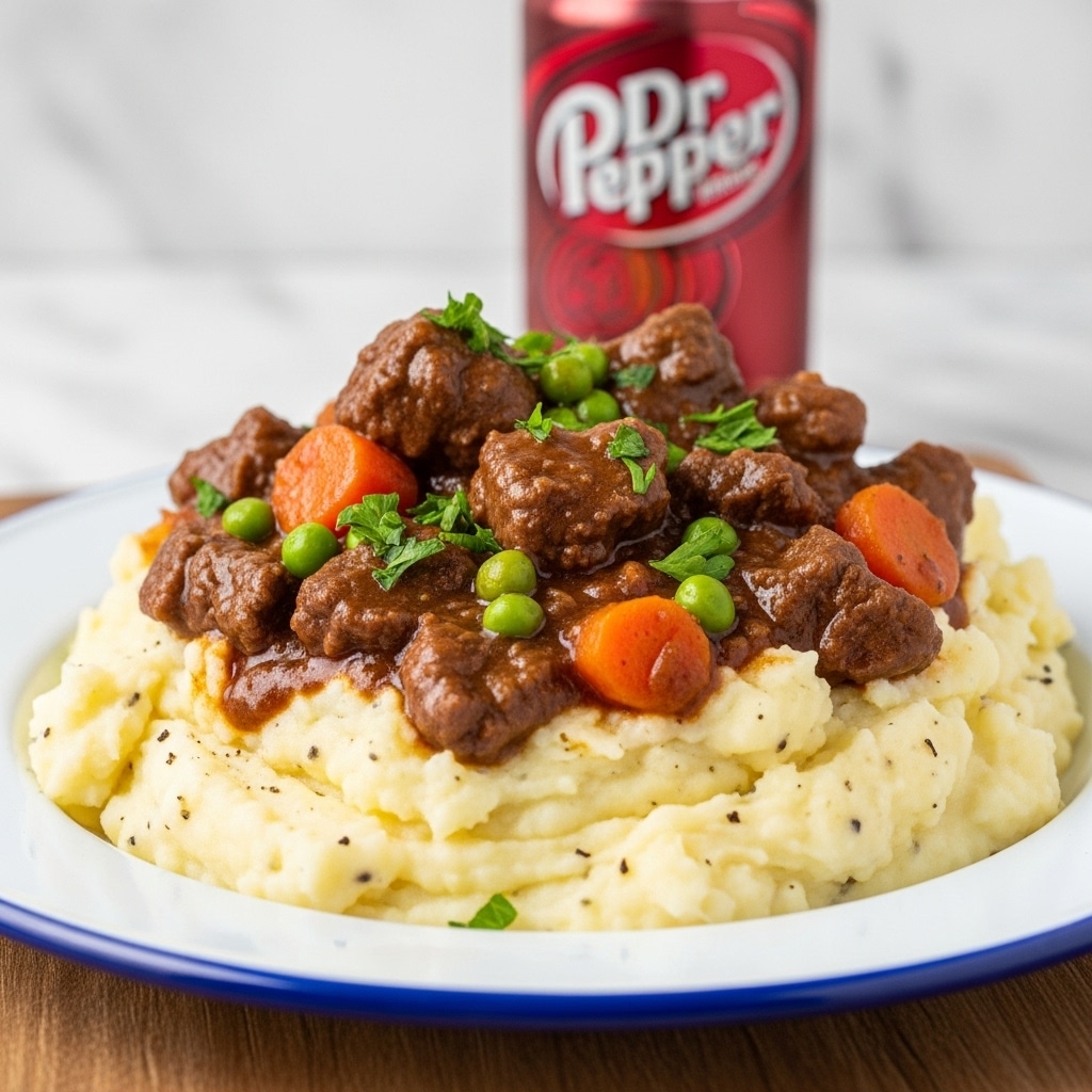 A close-up view of a rich beef stew inside a black slow cooker. The stew shows several layers: at the bottom, chunks of tender brown beef sit in a thick, glossy, dark brown gravy. Mixed within and on top are bright orange carrot slices and soft light brown potato pieces, all coated in the sauce. Fresh green peas are scattered on the surface along with small sprigs of chopped green parsley, adding a fresh touch. The background, showing a white marbled texture, is out of focus. The image is bright and clear, capturing the stew’s warm and hearty look. photo taken with an iphone --ar 4:5 --v 7