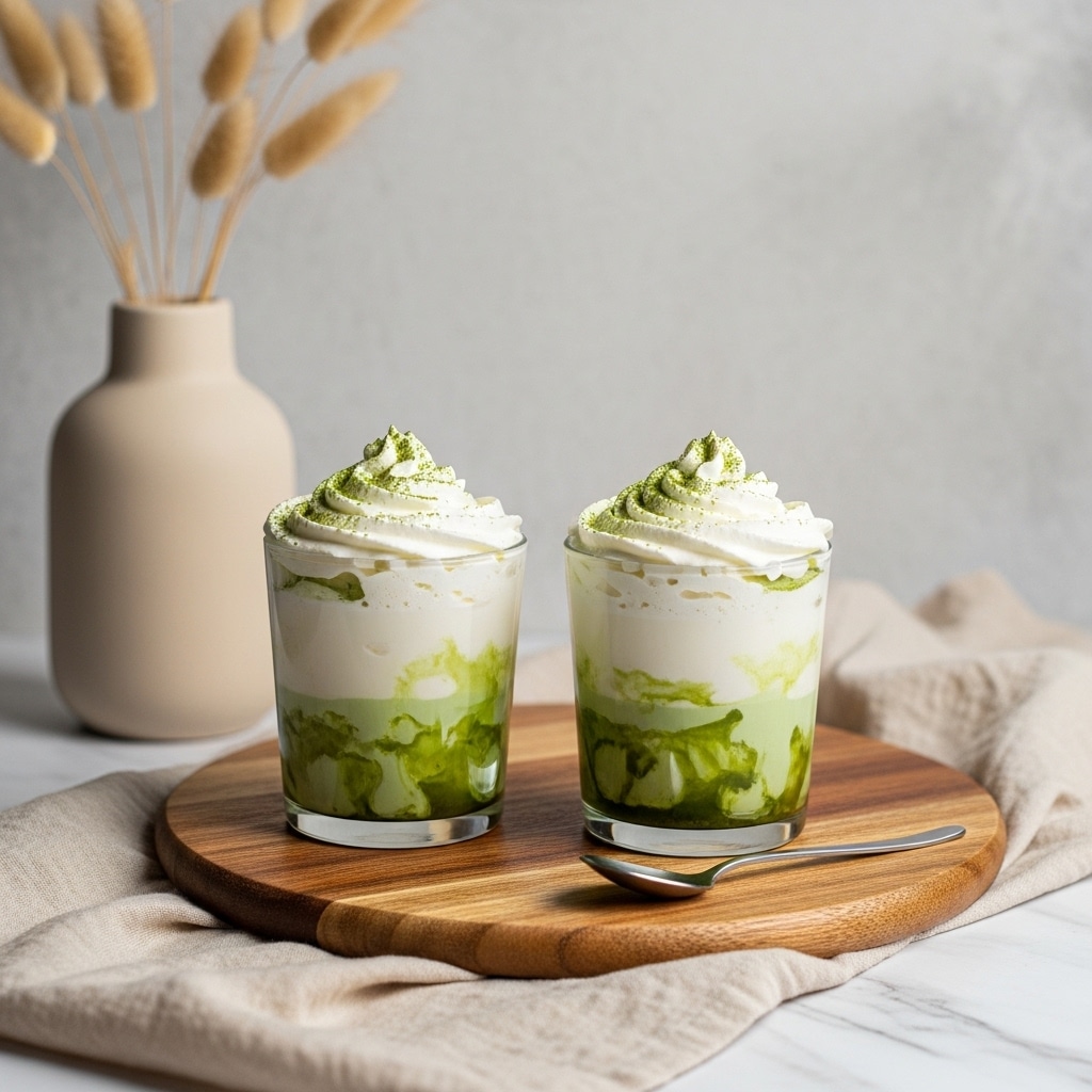 Two clear glass cups each have three visible layers: the bottom layer is a greenish creamy mixture with darker green swirls; above it is a thick white cream layer that fills most of the cup; on top is a spiral of white whipped cream sprinkled with fine green powder. The cups are placed on a round wooden board with a silver spoon beside one cup, and a beige cloth is draped softly below the board, all on a white marbled surface with a blurred soft background. photo taken with an iphone --ar 4:5 --v 7