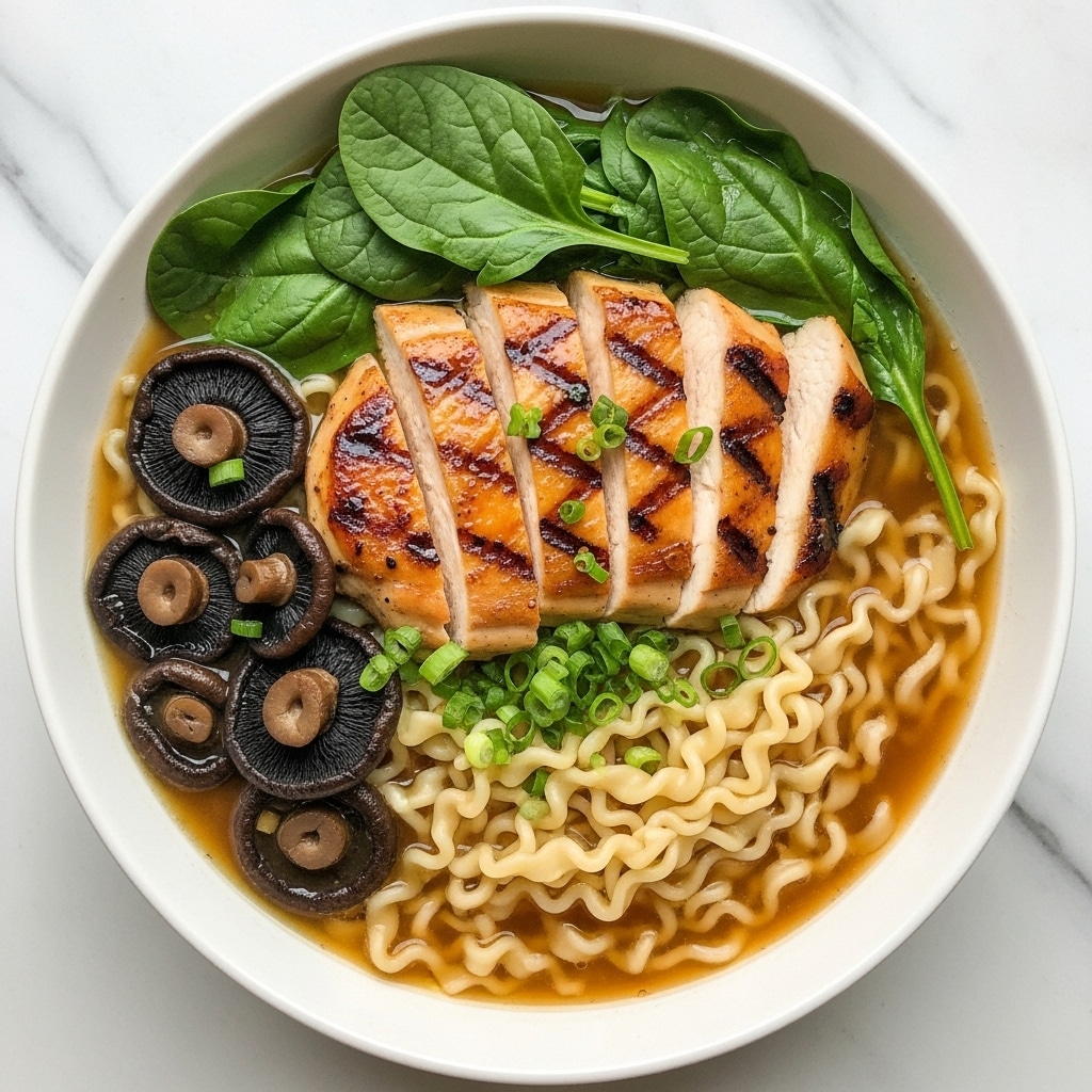 A white bowl filled with a soup of light brown broth, with thick wavy noodles placed in the center. On top, there are several slices of grilled chicken with a shiny, golden-brown color and grill marks, arranged in a fan shape. Around the chicken and noodles, bright green spinach leaves add a fresh look, along with several dark brown mushrooms showing gills. Small chopped green onions are sprinkled over the dish. The bowl sits on a white marbled surface. Photo taken with an iphone --ar 4:5 --v 7