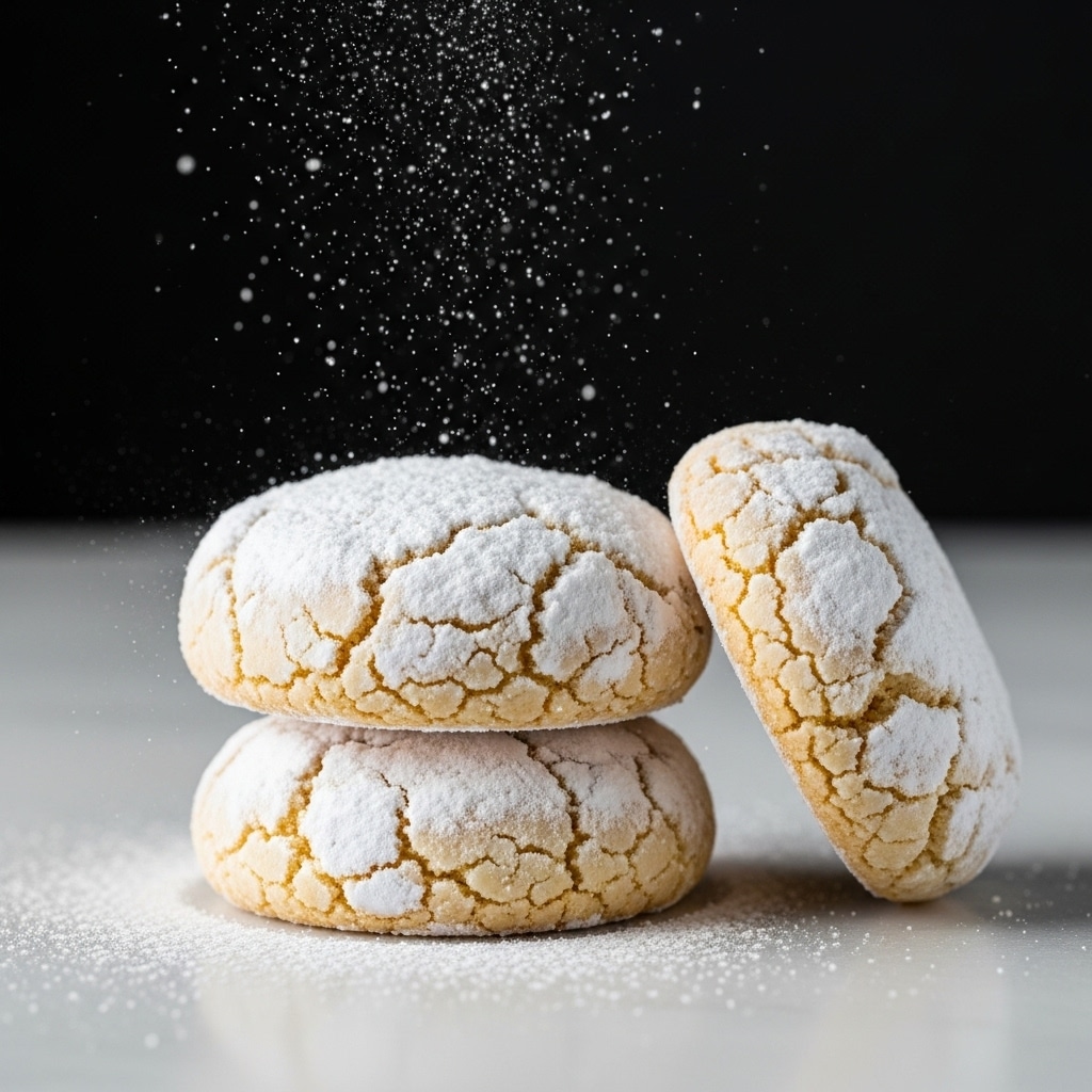Three powdered sugar-covered round cookies are stacked on each other on a white marbled surface, with one cookie leaning against the stack on the right side. Each cookie has a light golden-brown base and a rough texture beneath a thick, uneven layer of white powdered sugar dusted on top. More powdered sugar is falling from above, creating a soft snowfall effect against the dark background. The cookies have a slightly cracked surface visible beneath the sugar, showing a crumbly texture. photo taken with an iphone --ar 4:5 --v 7