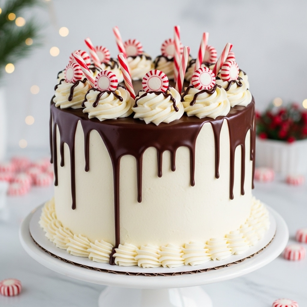 A tall round cake with smooth white frosting covers the entire cake, and dark shiny chocolate sauce drips down the sides in thick, uneven drips. On the top, a thick swirl border of creamy white frosting circles the edge, with glossy chocolate sauce drizzled over the swirls. The top is decorated with red and white peppermint candies, including round striped peppermints and stick-shaped candy canes, arranged in a festive manner. The cake sits on a white cake stand with a wide flat top and a short, thick brown base, placed on a white marbled surface, with blurred festive decorations in the background. photo taken with an iphone --ar 4:5 --v 7