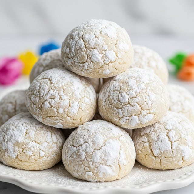A close-up view of a pile of round snowball cookies stacked in a pyramid shape on a white plate with a scalloped edge. Each cookie has a rough, powdery white layer of powdered sugar covering a light beige, slightly textured cookie underneath, creating a soft, snow-like effect. The cookies vary slightly in size, and the powdered sugar looks thick and uneven across each one. The background shows a soft, white marbled texture with hints of colorful, blurred floral decorations. photo taken with an iphone --ar 4:5 --v 7