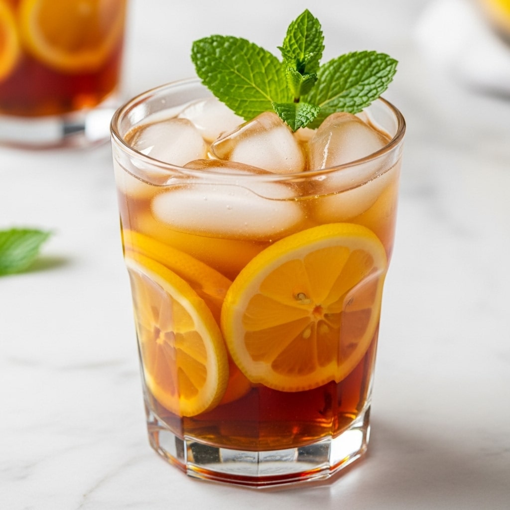 A clear glass filled with three main layers: the bottom layer is a dark amber iced tea, the middle layer has multiple thin, bright yellow lemon slices submerged in the tea, and the top layer consists of several large ice cubes floating on the surface. Two fresh green mint leaves are placed at the top, rising slightly above the rim of the glass. The glass sits on a smooth surface with a white marbled texture, and there is a blurred background with another glass partially visible. The photo taken with an iphone --ar 4:5 --v 7