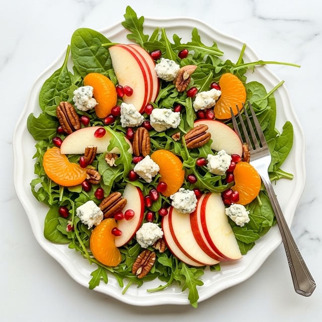 Christmas Salad with Arugula, Mandarin Oranges, Apple, Blue Cheese, Pomegranate Seeds, and Pecans Recipe