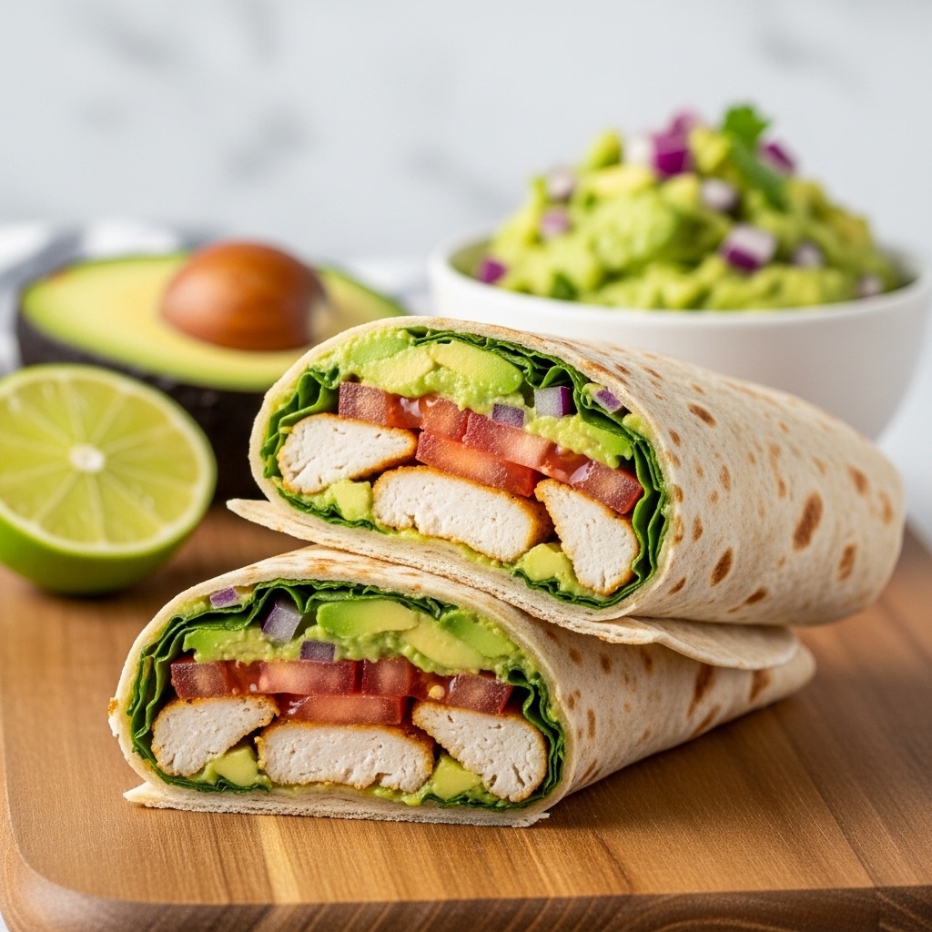 The image shows two wraps, each cut in half and stacked on a wooden board. The wraps are light brown with a soft texture. Inside, the first layer is white chicken pieces with a firm texture, the second layer consists of pale green avocado spread mixed with small purples and greens, and the third layer features red tomato slices. Behind the wraps, a white bowl is filled with green guacamole mixed with bits of purple onion. To the left side, there is a halved avocado with a dark green skin and a bright green inside, and a lime cut in half showing its juicy green interior. The background is a white marbled texture. Photo taken with an iphone --ar 4:5 --v 7
