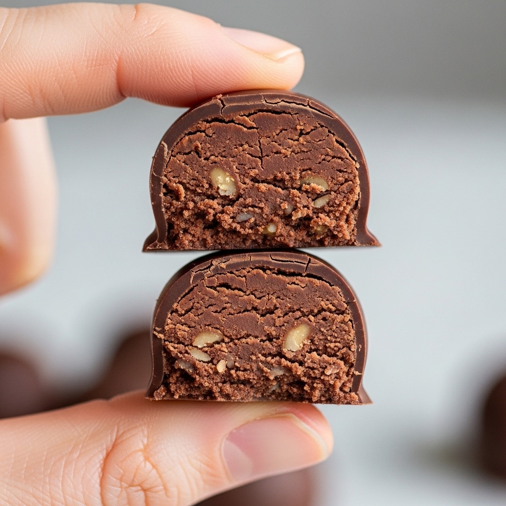 A close-up of a small round chocolate truffle held between a woman's hand thumb and forefinger, showing two layers inside: a shiny dark chocolate outer shell covering a dense, crumbly dark brown chocolate filling with small bits of nuts or texture inside, and fine cracks on the outside chocolate layer. The background is a soft, out-of-focus neutral color. photo taken with an iphone --ar 4:5 --v 7