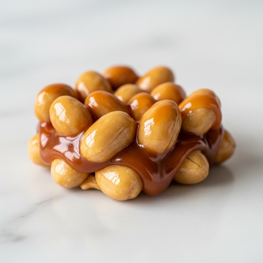 A single cluster of light golden roasted peanuts is coated in a smooth, glossy layer of rich caramel. The caramel covers the peanuts fully, creating a shiny, bumpy texture with rounded edges and soft peaks where the caramel has dripped and set. The piece sits directly on a white marbled surface, with soft lighting that highlights the glossy sheen of the caramel and the slightly darker spots of the roasted peanuts beneath. photo taken with an iphone --ar 4:5 --v 7