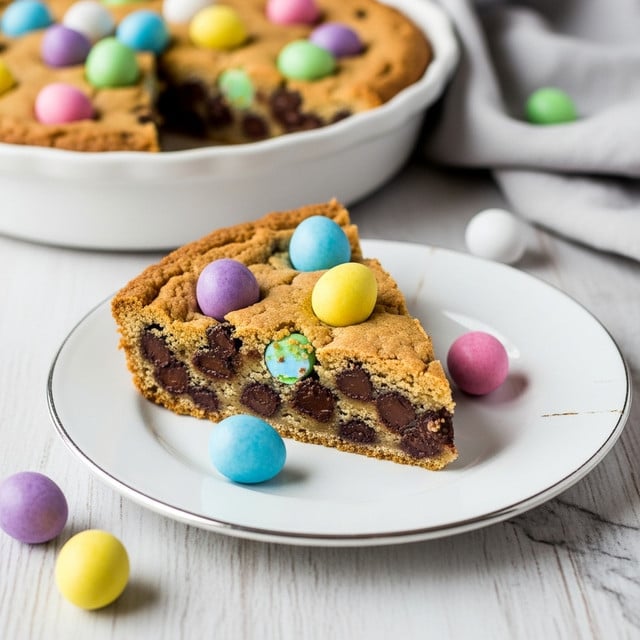 A thick slice of chocolate chip cookie pie rests on a white plate with a slightly worn rim. The slice shows a golden-brown, textured cookie crust studded with dark chocolate chips inside and topped with colorful pastel candy-coated chocolate eggs in blue, pink, purple, yellow, and green. Three pastel eggs are scattered beside the slice on the plate and wooden table underneath, which is now changed to a white marbled texture. In the background, part of the round cookie pie is visible in a white baking dish, also adorned with pastel eggs. A soft gray cloth lies nearby. Photo taken with an iphone --ar 4:5 --v 7