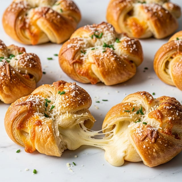 The image shows several golden-brown baked pastries on a white marbled surface. Each pastry has multiple flaky, soft layers of bread dough twisted into a round shape, with visible bits of melted cheese and herbs scattered on top and between the folds. Some pastries have a light sprinkle of white grated cheese and green herbs for garnish, adding texture and color contrast. One pastry is slightly broken, showing creamy, melted cheese oozing out with stringy texture. The overall look is warm, crispy, and savory. photo taken with an iphone --ar 4:5 --v 7