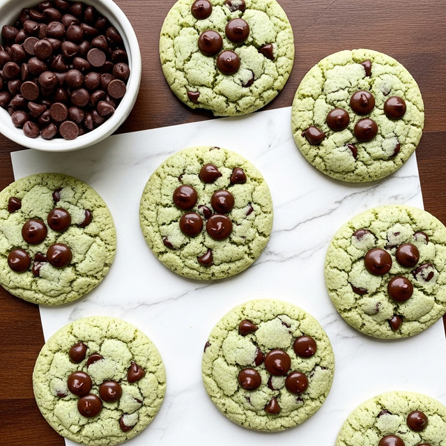 The image shows several soft, round cookies with a pale green color, scattered across a dark brown wooden surface replaced with a white marbled texture. Each cookie has a slightly cracked surface with dark chocolate chips speckled throughout, and a few larger chocolate chips placed on top, creating a textured look. On the top left side, there is a small white bowl filled with glossy dark chocolate chips. The cookies' edges are gently rounded, giving a tender appearance. photo taken with an iphone --ar 4:5 --v 7