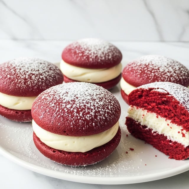 The image shows four red velvet whoopie pies placed on a white plate. Each whoopie pie has two deep red, soft, round cake layers dusted lightly with white powdered sugar. Between these layers, there is a thick, creamy white filling that looks smooth and soft. One whoopie pie is broken in half, revealing the rich red cake texture and the fluffy white cream inside. The background is a white marbled texture, and light falls softly onto the cakes, highlighting their moist and tender look. Photo taken with an iphone --ar 4:5 --v 7