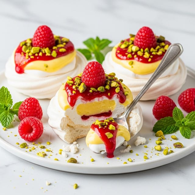 Pavlova Bombs with Raspberry Coulis, Lemon Curd, and Whipped Cream Recipe
