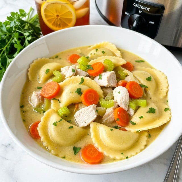 A white bowl is filled with a creamy soup that has several layers of ingredients. The base is a thick, pale yellow broth. Floating in the soup are semi-circular ravioli pieces with a smooth, pale dough texture. Chunks of white chicken breast are scattered throughout, along with bright orange carrot slices and green celery pieces. Small bits of herbs are sprinkled on top. The bowl sits on a white marbled surface with fresh green parsley and a glass jar of iced tea with a lemon slice in the background. A slow cooker is partially visible behind the bowl. Photo taken with an iphone --ar 4:5 --v 7