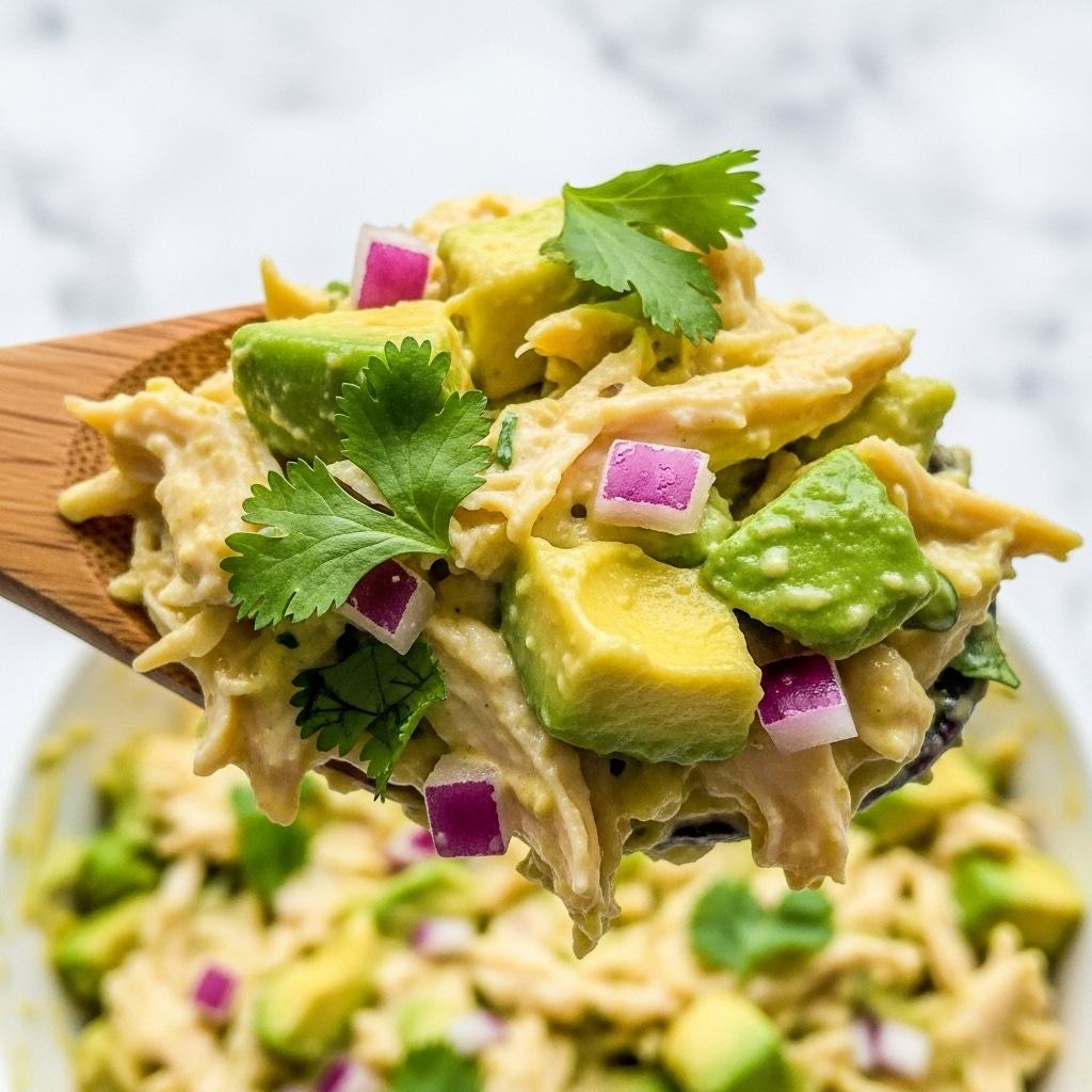 A close-up view of a creamy mixture held on a wooden spoon, showing a texture made up of light yellow shredded chicken, small green cilantro pieces, chunky pale green avocado, and small purple onion cubes, all mixed smoothly with a creamy sauce. The background is a white marbled texture with more of the creamy mixture slightly blurred. photo taken with an iphone --ar 4:5 --v 7