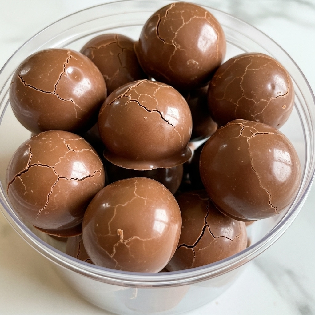 The image shows a clear plastic container filled with round chocolate-covered treats. Each piece is coated in smooth, shiny milk chocolate with some slight cracks and texture on the surface. The chocolates are piled closely together inside the container, which sits on a white marbled surface. There are around ten to twelve chocolate pieces visible, each about the size of a walnut and with a rich brown color. The focus is close up, capturing the glossy texture and slight imperfections of the chocolate shells. photo taken with an iphone --ar 4:5 --v 7