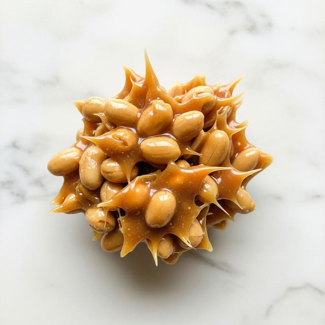 A close-up image of a single cluster of peanut brittle candy placed directly on a white marbled texture. The cluster shows a rough, uneven surface with many whole and broken peanuts coated in a glossy, smooth layer of light caramel-colored brittle. The candy has thick, irregular drips and small spikes that extend out from the main cluster. The colors are warm, with the shiny caramel coating covering the beige peanuts clearly visible. Photo taken with an iphone --ar 4:5 --v 7