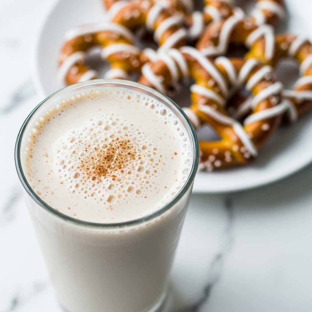A tall clear glass is filled with a creamy light beige drink that has tiny brown specks and small bubbles on the frothy surface. In the blurred background, there is a white plate with pretzels drizzled with white icing, placed on a white marbled texture surface. photo taken with an iphone --ar 4:5 --v 7