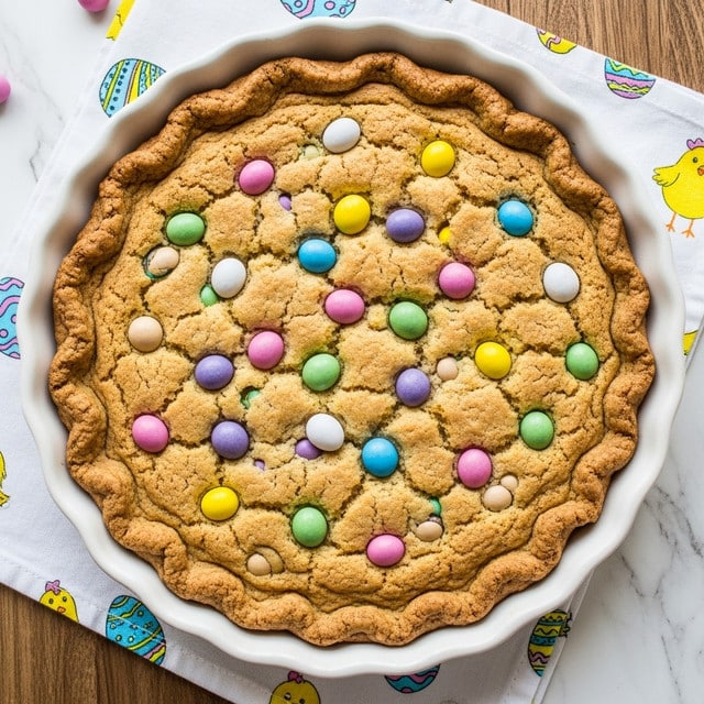 A large round baked cookie sits in a white scalloped edge pie dish, with a golden brown top that is cracked and textured. The cookie is studded with colorful candy-coated chocolate eggs in pastel shades of pink, yellow, blue, green, and purple, scattered evenly across the surface. The edges of the cookie are more deeply browned and slightly raised, giving a crisp look compared to the softer center. The dish rests on a white cloth with Easter-themed prints of eggs and chicks, placed on a wooden surface with a white marbled texture underneath. Photo taken with an iphone --ar 4:5 --v 7