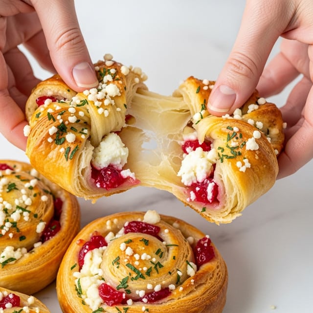 A close-up of a pastry swirl being gently pulled apart by a woman's hands, showing its soft, flaky texture with visible layers of golden dough folded around a filling of bright red fruit pieces and creamy white cheese. The pastry is sprinkled with finely chopped green herbs and small white crumbs on top, adding a textured finish. The background has a clean white marbled surface, highlighting the warm color of the pastry. photo taken with an iphone --ar 4:5 --v 7