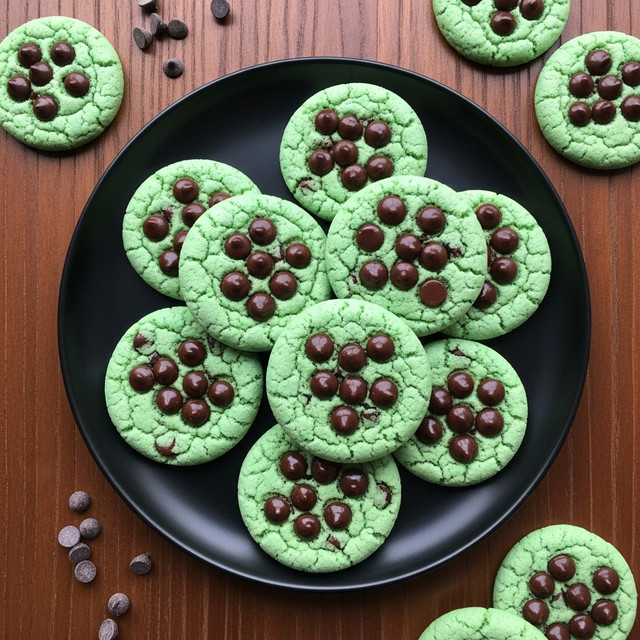 A black round plate holds a stack of soft, round mint green cookies with dark brown chocolate chips spread unevenly on each cookie. The cookies have a slightly cracked texture with visible chocolate bits mixed into the dough. Around the plate, a few more cookies lie directly on a dark wooden surface, with some loose chocolate chips scattered nearby. The setting contrasts the bright green cookies with the dark plate and brown wood underneath, creating a cozy, homely feel. photo taken with an iphone --ar 4:5 --v 7