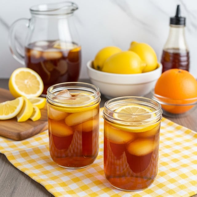 The image shows two clear glass jars filled with dark amber iced tea, each jar holding a few ice cubes and topped with a thin yellow lemon slice floating on the surface. The jars are placed on a yellow and white checkered cloth which covers part of a wooden table with a white marbled texture in the background. There is a wooden board with sliced lemon wedges on the left side of the image. In the background, a clear glass pitcher contains more iced tea, and a white bowl holds whole yellow lemons. An orange fruit sits in a small clear glass bowl on the right, and a bottle of honey or syrup is slightly blurred further back. The overall setting is bright and simple, giving a fresh, homemade drink vibe. photo taken with an iphone --ar 4:5 --v 7