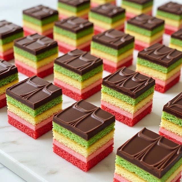 The image shows many small rectangular layered cakes arranged in neat rows on a white marbled surface. Each cake has four distinct layers: the bottom layer is pinkish-red with a soft texture, above it is a pale yellow layer, followed by a green layer, and topped with a smooth, dark brown chocolate layer decorated with gentle wavy lines. The edges of the cakes are clean and sharp, highlighting the evenness of each layer, and the chocolate layer has a glossy, rich look. photo taken with an iphone --ar 4:5 --v 7