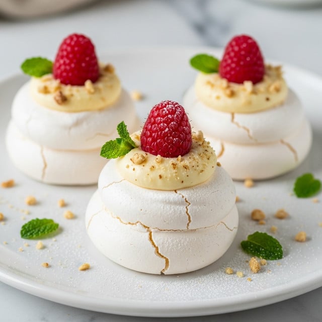Three white meringue nests sit on a white plate with a white marbled surface. Each meringue has a smooth, slightly glossy texture with soft cracks, topped with a small dollop of cream that looks thick and light yellow. A bright red raspberry rests on each cream dollop, dusted with a light sugar powder. Small green mint leaves and crushed nuts are sprinkled around and on top, adding texture and color contrast. The scene has a soft, natural light with a calm background. photo taken with an iphone --ar 4:5 --v 7
