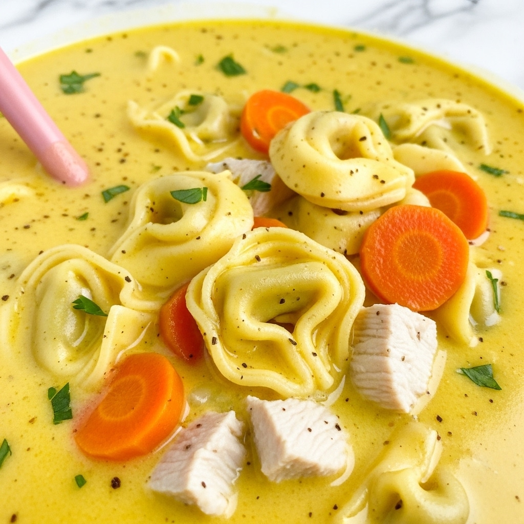A close-up view of a creamy yellow soup with smooth texture, showing several plump, soft tortellini pasta pieces floating in the liquid. The soup includes small chunks of white chicken, bright orange carrot slices, and tiny bits of green herbs scattered on top. The creamy broth looks rich and thick, with some light seasoning visible as tiny specks. A pinkish utensil is partially visible on the left side, stirring the soup, and the background is a white marbled texture. photo taken with an iphone --ar 4:5 --v 7