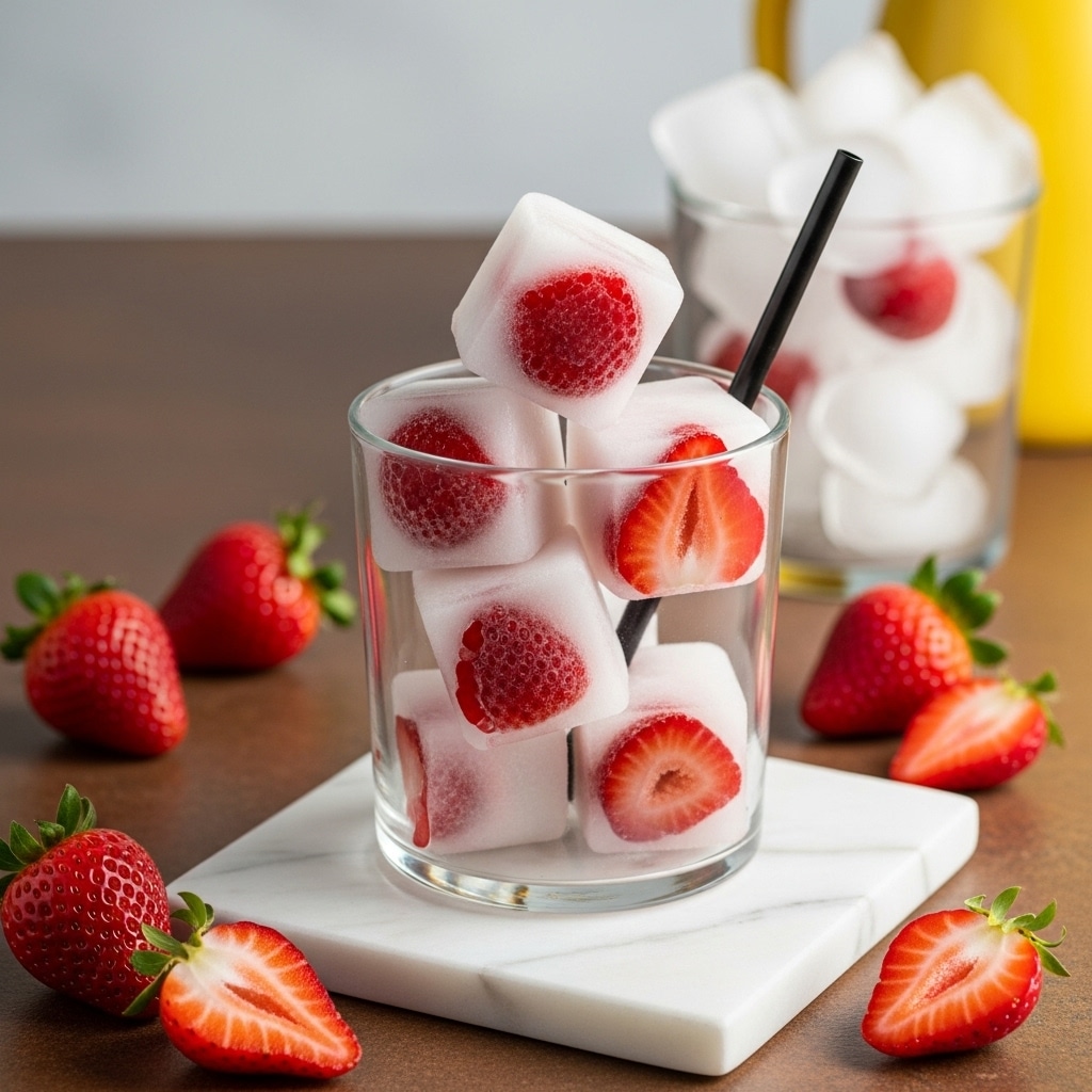 A black silicone mold with 15 square sections sits on a white marble cutting board; each section is filled with a layer of white creamy yogurt topped with vibrant red strawberry slices that show their seeds and green stems, creating a fresh and colorful contrast. Around the mold, there are whole strawberries and halved strawberries scattered on a white marbled surface and a wooden cutting board underneath part of the marble board. To the left, a bowl filled with more strawberries and a rolling pin handle are visible, while to the top left, there is a glass cup with amber honey and to the top right, a small white bowl and a cream-colored jug with dark syrup sit nearby. Photo taken with an iphone --ar 4:5 --v 7