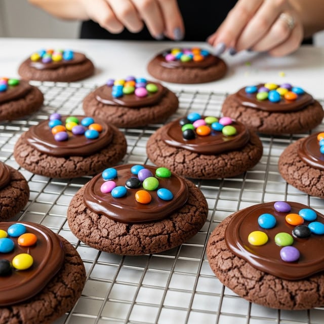 A close-up view of round chocolate cookies with a soft and slightly cracked dark brown base, each topped with a smooth, glossy layer of dark chocolate icing spread evenly across the top. On top of the icing, there are small, colorful, round candy sprinkles scattered in different bright colors including blue, pink, orange, green, yellow, purple, and black. The cookies rest on a silver wire cooling rack that sits on a white marbled surface. In the background, a woman's hand is seen decorating another cookie with sprinkles. photo taken with an iphone --ar 4:5 --v 7