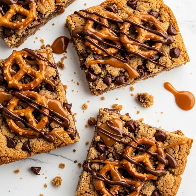 The image shows broken cookie bars with a rough, crumbly light brown base mixed with small dark chocolate chips. On top, there are scattered whole pretzels, darker brown and glossy, partly covered by drizzles of melted dark chocolate and shiny caramel sauce. The cookie pieces have uneven edges and a soft texture that looks fresh and rich. They lie over a white surface with a marbled texture, with some small crumbs and chocolate smudges around them. Photo taken with an iphone --ar 4:5 --v 7