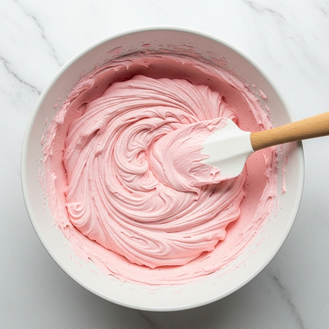 A white bowl filled with smooth, light pink frosting that has a creamy and fluffy texture, swirled gently in a circular motion. A white spatula with a wooden handle is resting inside the bowl, slightly covered in the frosting, suggesting it was just used to mix the soft, pastel-colored frosting. The bowl is placed on a white marbled surface, enhancing the clean and fresh look of the image. Photo taken with an iphone --ar 4:5 --v 7
