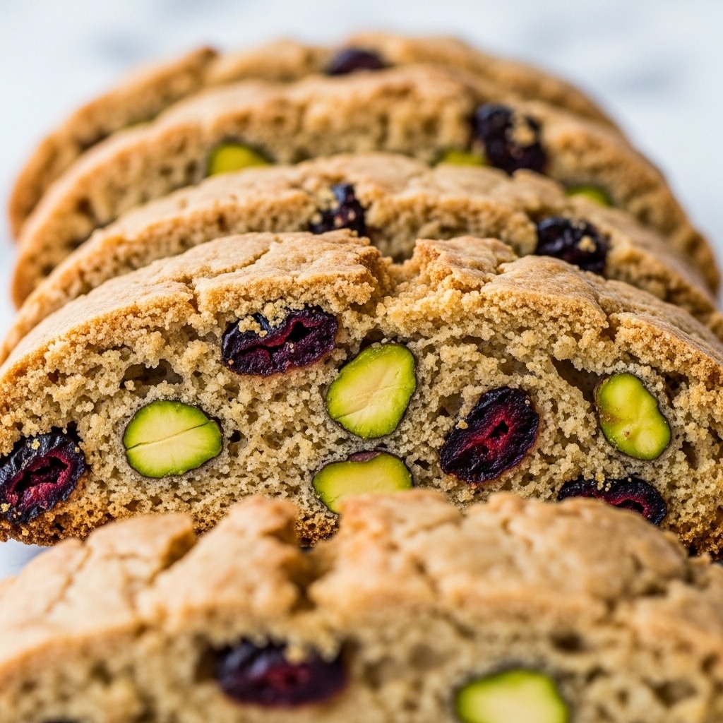 A close-up image of a baked biscotti showing rough golden brown crust with a crunchy texture, filled with visible chunks of dark red dried cranberries and light green pistachios inside. The biscotti slices are layered closely together, with the top surface crackled and slightly shiny from baking. The background is out of focus with a white marbled texture. photo taken with an iphone --ar 4:5 --v 7