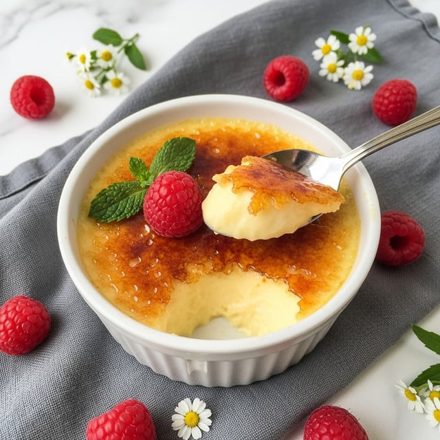 A white ramekin filled with a creamy, pale yellow custard topped with a thin, caramelized golden-brown sugar crust that is cracked open by a silver spoon lifting a spoonful of smooth custard beneath. The dessert is decorated with a bright red raspberry and a small green mint leaf resting on the caramelized layer. The ramekin sits on a soft gray cloth scattered with fresh raspberries and small white flowers, all placed on a white marbled surface, creating a fresh and inviting look. Photo taken with an iphone --ar 4:5 --v 7