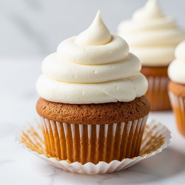 A close-up view of a single cupcake features two layers: the bottom layer is a textured, golden-brown cake wrapped in a crinkled white paper liner, and the top layer is thick, creamy white frosting swirled in smooth, rounded loops with soft peaks, sitting high above the cake. The cupcake is set against a bright white marbled background, and another similarly decorated cupcake is partially visible in the blurred background. Photo taken with an iphone --ar 4:5 --v 7