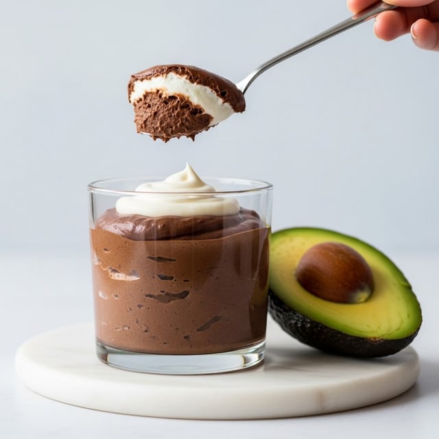 A glass cup filled with smooth dark brown chocolate mousse topped with a swirl of white cream, sitting on a white marbled surface, next to a piece of sliced avocado showing its light green creamy inside, while a silver spoon holds a scoop of the chocolate mousse with cream above the cup, all set against a plain light background, photo taken with an iphone --ar 4:5 --v 7