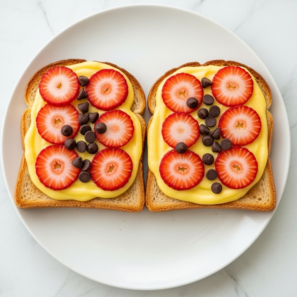 The image shows two slices of toasted bread on a white plate, each topped with a smooth yellow custard layer filling the center of the toast evenly. On top of the custard are several thinly sliced fresh strawberries, bright red with white centers. Scattered around the strawberries are small, round chocolate chips, dark brown in color, adding contrast to the yellow custard. The toast crust is golden brown, framing the colorful toppings. The plate rests on a white marbled surface with soft natural light highlighting the creamy texture of the custard and fresh fruit. photo taken with an iphone --ar 4:5 --v 7