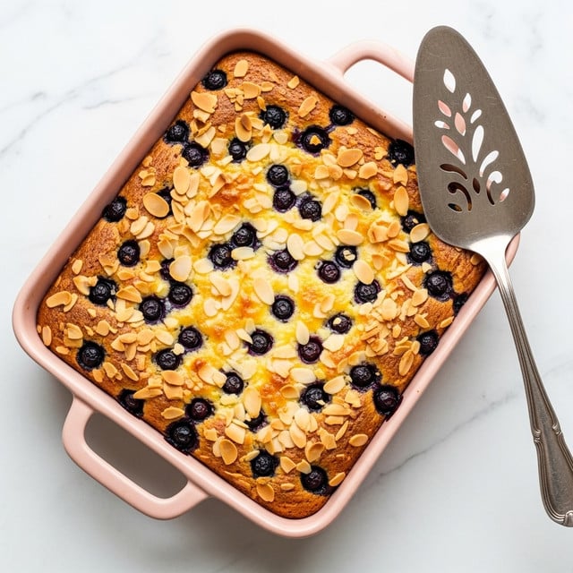 A baked square cake in a pink baking dish with two handles sits on a white marbled surface. The cake has a golden-brown top layer studded with scattered toasted almond slices and whole dark blueberries that add contrast with their deep purple color. A vintage silver cake server with decorative cutouts rests on the right side of the cake, slightly touching the edges. The cake surface looks textured and slightly crunchy with the toasted almond slices adding a rough texture against the smooth blueberries. photo taken with an iphone --ar 4:5 --v 7