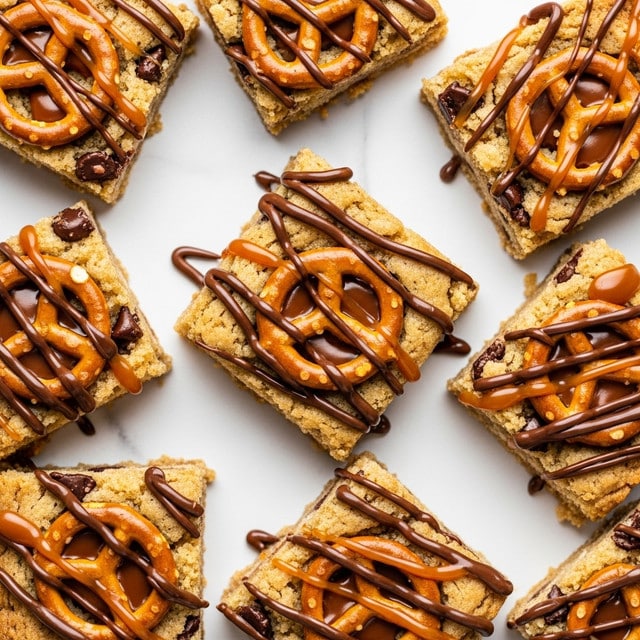 The image shows broken pieces of a baked, light golden-brown bar with visible small dark chocolate chips embedded throughout. Each piece is topped with shiny whole pretzels, some drizzled with thick dark melted chocolate and glossy caramel sauce. The textures look crumbly and slightly soft, with the chocolate and caramel adding smooth and glossy finishes scattered unevenly around. The pieces are laid flat on a white marbled surface, showing close details of the mix of textures and colors. Photo taken with an iphone --ar 4:5 --v 7