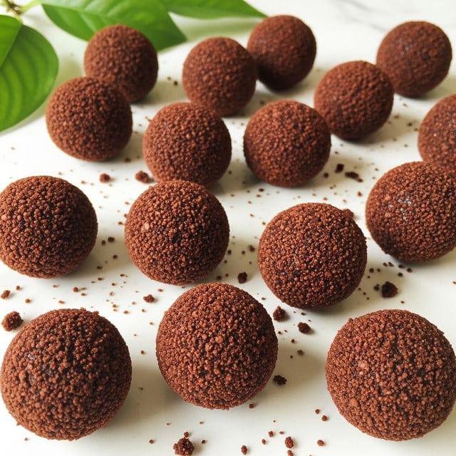 The image shows many small, round, dark chocolate cake pops with a rough, crumbly texture on their surface. The cake pops have a deep brown color and are placed scattered on a white marbled surface. Some crumbs are scattered around the cake pops, adding texture to the scene. Green leaves are partially visible in the top left corner, giving a fresh contrast to the dark treats. photo taken with an iphone --ar 4:5 --v 7