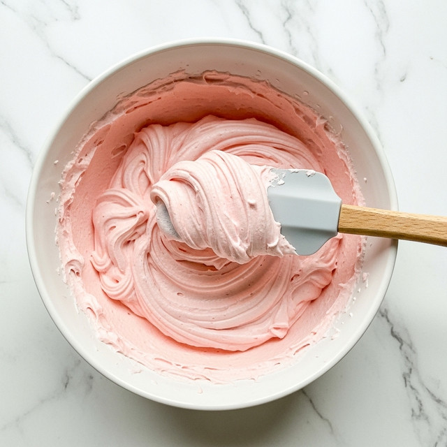 A white bowl contains a single layer of smooth, whipped pale pink frosting with a creamy texture. A light gray spatula with a wooden handle rests in the bowl, lifting a dollop of the fluffy frosting that shows soft peaks and swirls. The background is a white marbled texture, keeping the focus on the mixture inside the bowl. photo taken with an iphone --ar 4:5 --v 7