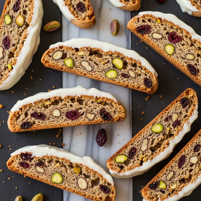 The image shows several biscotti placed on a dark wooden surface with a white marbled texture. Each biscotti is long and oval-shaped, cut in half lengthwise, showing two main layers: the outer hard, golden-brown crust with a rough texture dotted with nuts and dried fruit pieces, and the inner section that is slightly lighter and crumbly. A thick, smooth white icing layer runs along the top flat edge of each biscotti, creating a contrasting line against the crumbly nut-filled brown cookie base. Some pieces show whole green pistachios and red cranberries, adding color and texture to the visual. The biscotti are arranged somewhat randomly and some small crumbs and nuts are scattered around them. Photo taken with an iphone --ar 4:5 --v 7