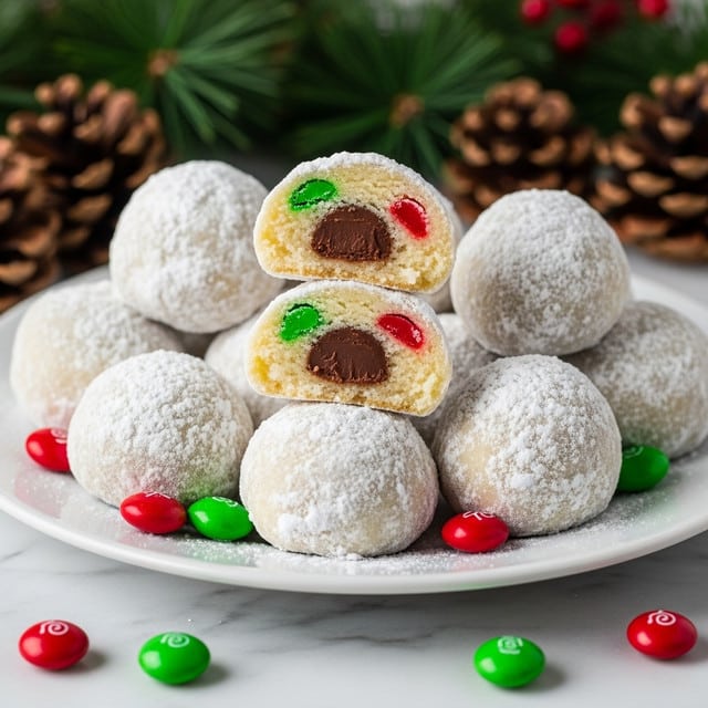 A close-up of small round cookies on a white plate, all covered in white powdered sugar. One cookie is cut in half and placed on top, showing a soft pale beige inside with green and red candy pieces and a brown chocolate center. Around the plate, some whole red and green candies are scattered. The background shows green pine needles and pine cones, all set on a white marbled surface. Photo taken with an iphone --ar 4:5 --v 7
