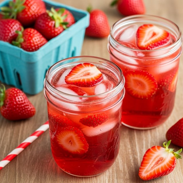 Two clear glass jars are filled with a red strawberry drink and ice cubes, each topped with thin slices of fresh strawberries. The jars sit on a wooden surface, surrounded by whole strawberries and a blue carton filled with more strawberries on the left. A red and white striped straw lies diagonally across the lower left corner. The drink has a bright, translucent red color with visible ice cubes, and the strawberry slices on top add a fresh, juicy detail. photo taken with an iphone --ar 4:5 --v 7