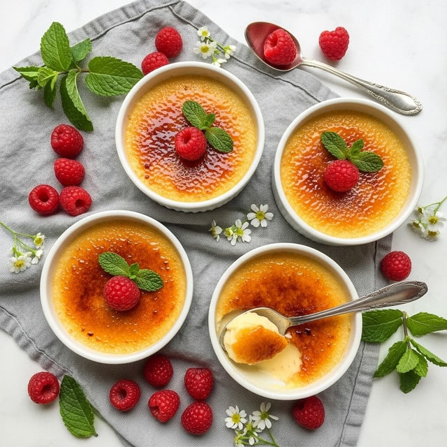 Four white bowls each have a dessert with a shiny golden brown caramelized top layer, beneath which is a creamy pale yellow custard layer. Each bowl shows a single fresh red raspberry and a small green mint leaf placed on top of the caramel layer. One bowl has a spoon holding a scoop of the custard and caramel layers. Around the bowls are many loose raspberries, more green mint leaves, and small white flowers scattered on a light gray cloth over a white marbled surface. A silver spoon with a raspberry rests near the top right side. photo taken with an iphone --ar 4:5 --v 7