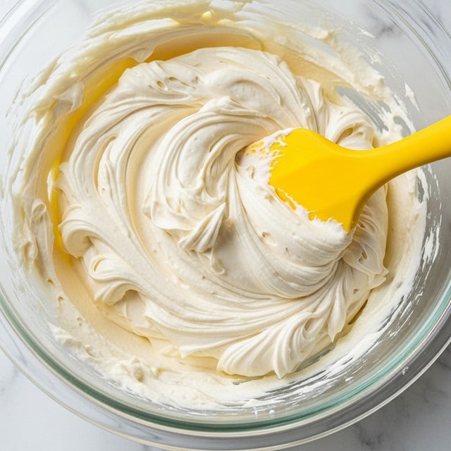 A close-up view of thick, creamy frosting in a clear glass bowl shows soft swirls of smooth, pale off-white texture, with a bright yellow silicone spatula partially submerged in the mixture. The frosting looks light and fluffy with some glossy areas catching the light, and the spatula stands out vividly against the creamy backdrop. The photo is set on a white marbled surface. photo taken with an iphone --ar 4:5 --v 7