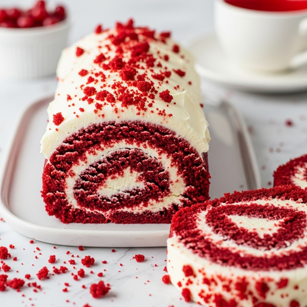 A close-up of a red velvet cake roll sliced into thick pieces, showing three main layers: a deep red, moist cake layer on the outside, a creamy white frosting swirl in the middle, and a thick layer of smooth white frosting spread on top. The frosting on top is decorated with scattered crumbs of red cake, adding texture and color contrast. The slices rest on a white plate, which is placed on a white marbled surface scattered with crumbs. In the background, there is a white cup with a red interior and a small blurred bowl of red berries. Photo taken with an iphone --ar 4:5 --v 7