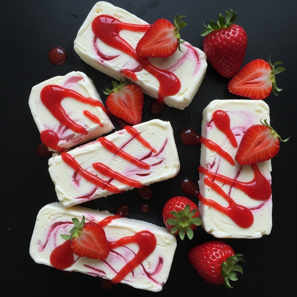 Four rectangular slices of white ice cream with red strawberry swirls are placed on a dark surface. Each slice is drizzled with bright red strawberry sauce in thick, uneven lines. Fresh whole and halved strawberries are scattered around and on top of the ice cream slices, adding pops of red and green color. The dark background contrasts strongly with the white and red colors of the dessert. photo taken with an iphone --ar 4:5 --v 7
