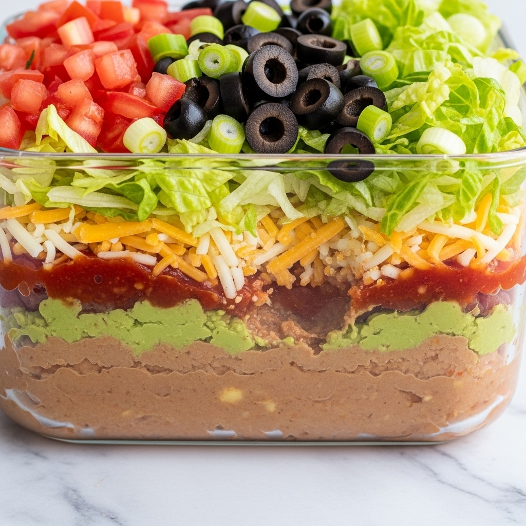 The dish is a layered salsa dip served in a clear glass container with a white marbled surface underneath. The bottom layer is a smooth, light brown refried bean paste, thick and even. On top of the beans is a thin layer of bright green guacamole, smooth with slight texture. Over this is a layer of red salsa, glossy and spread evenly. The next layer is a mix of shredded white and yellow cheese, scattered loosely. The topmost layer has chopped fresh vegetables: vibrant red tomato cubes, dark round slices of black olives, green ringed slices of green onion, and fresh light green shredded lettuce, all spread thickly and colorful. A section has been scooped out, showing all the layers clearly. Photo taken with an iphone --ar 4:5 --v 7